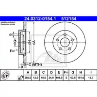ATE 24.0312-0154.1 Power Disc Bremsscheiben 2 Stück hinten für FORD